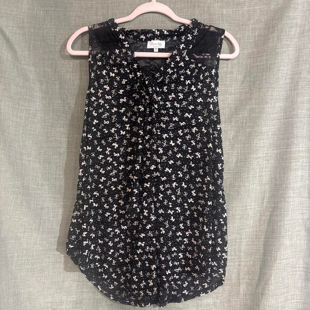 Siren Lily Maternity Lace Blouse Black White Bow Print Keyhole Tie Neck XL